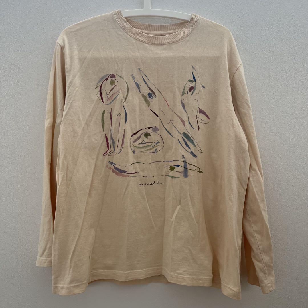 特価ブランド vintagecloset nu.de アートプリント ベージュ 長袖Tシャツ トップス