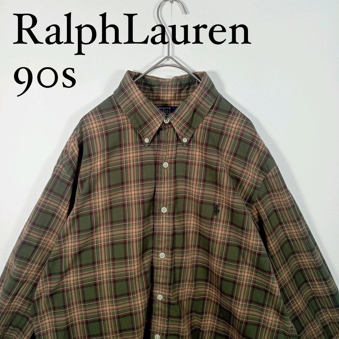 90s Ralph Lauren 長袖ボタンダウンシャツチェック胸刺繍ロゴ L
