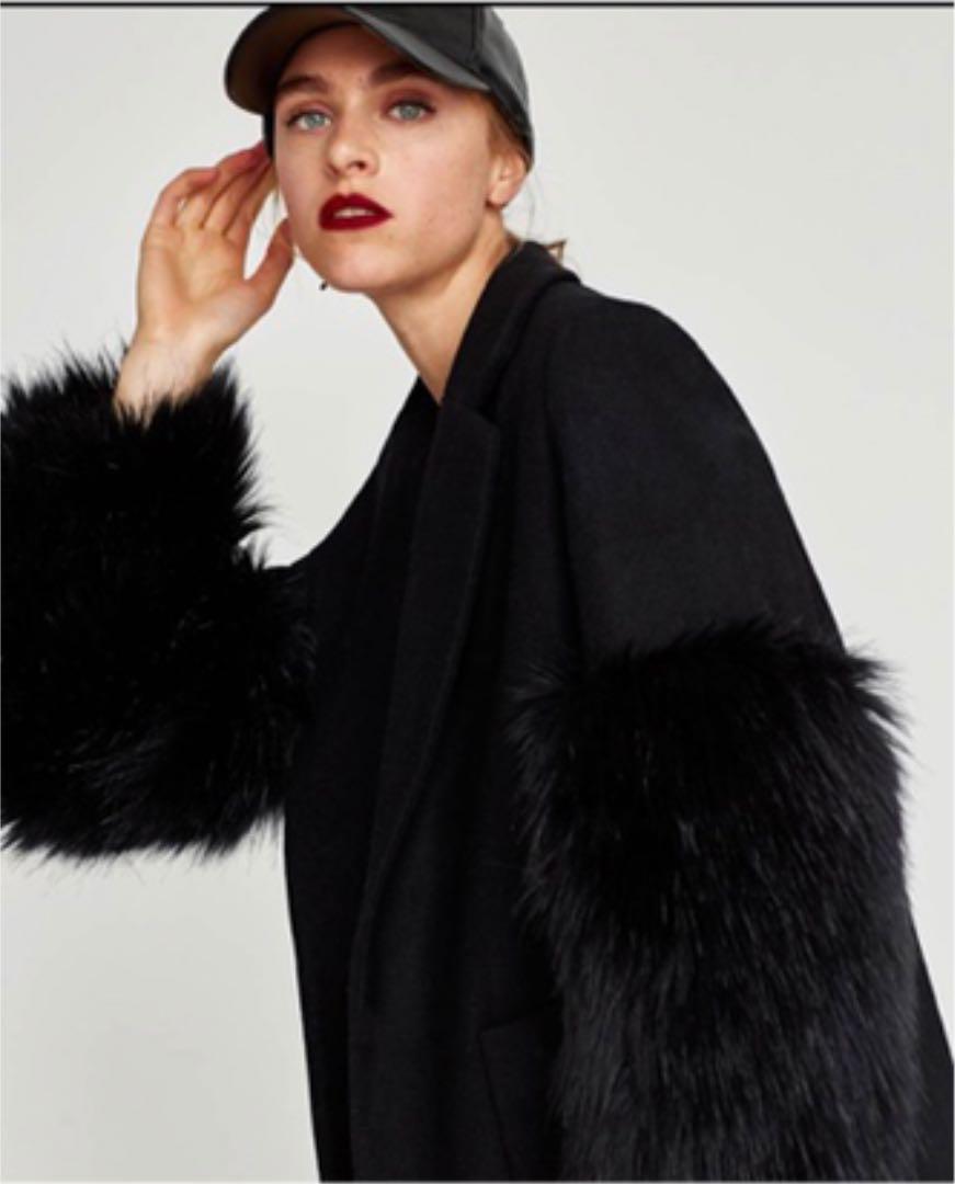 大得価SALE ZARA 袖ファー ショートチェスターコート 黒ブラック レディース 3nJT9-m23562969405 定番最安値