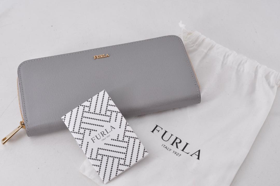 未使用 FURLA フルラ 長財布 レザー 革 グレー ゴールド 保存袋付き
