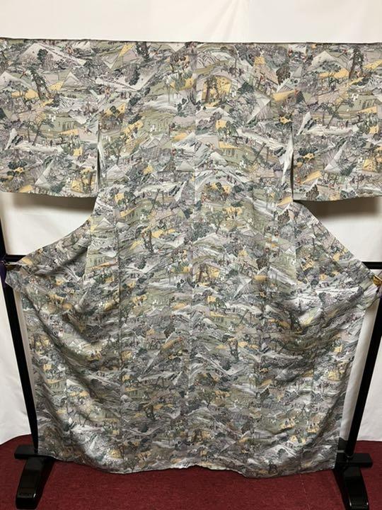 至宝品】○型染小紋○縮緬○人物風景文様○