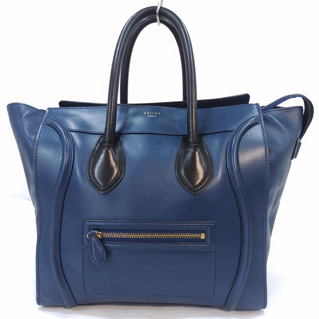 Celine■ミニ ダーク ブルー レザー ラゲージ トートバッグ 美品】セリーヌ ラゲージ ミニショッパー トートバッグ レザー