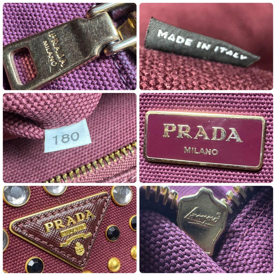 PRADA カナパ M 2way ショルダー付 ワインレッド ビジュー