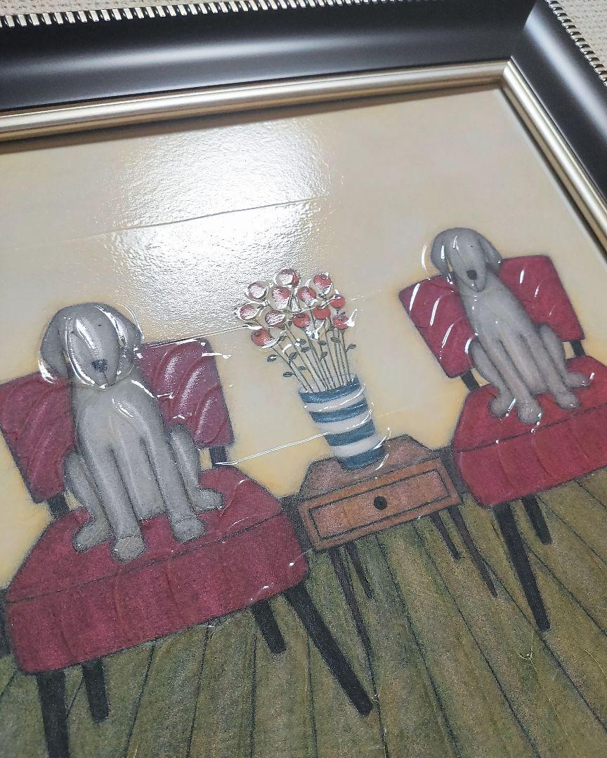 【美品】犬 絵画 ワイマラナー 額装 樹脂加工 アンティーク調