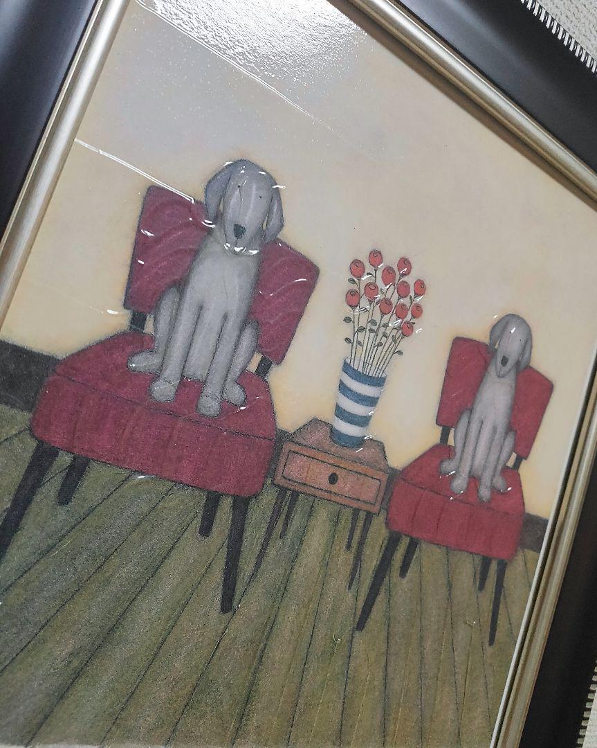 【美品】犬 絵画 ワイマラナー 額装 樹脂加工 アンティーク調