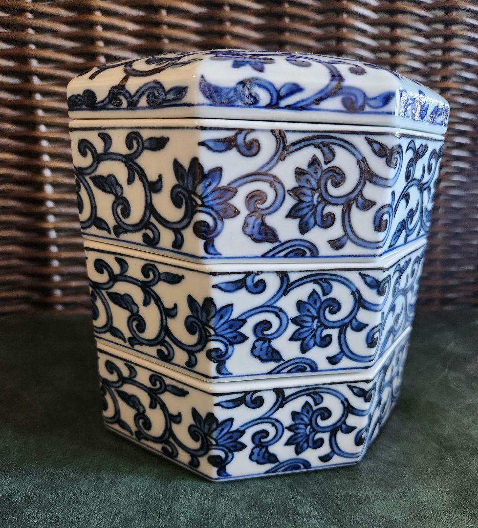 たち吉八画 唐草重箱三段重陶器重箱