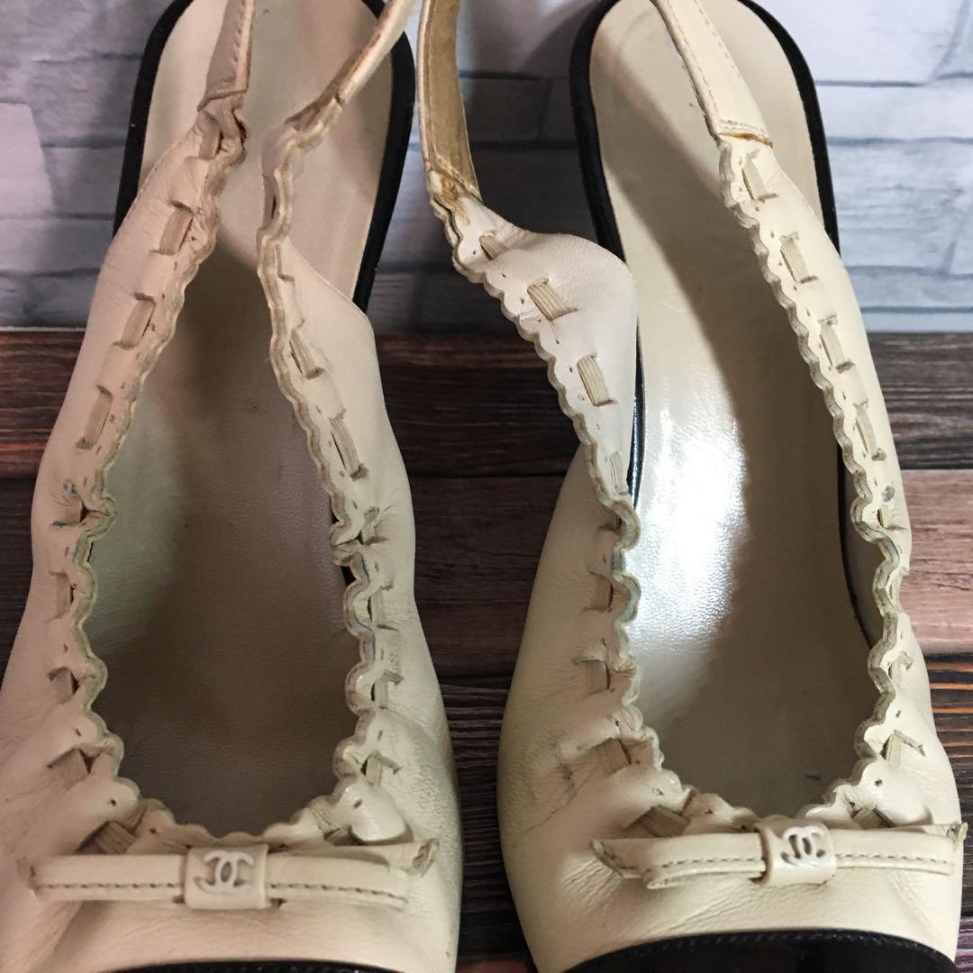 CHANEL シャネル バイカラーリボンストラップパンプス ココ