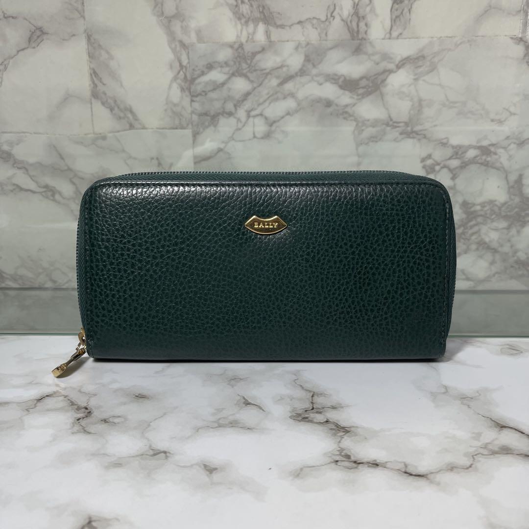 美品 BALLY バリー 長財布 ラウンドファスナー グリーン 本革 ロゴ 金