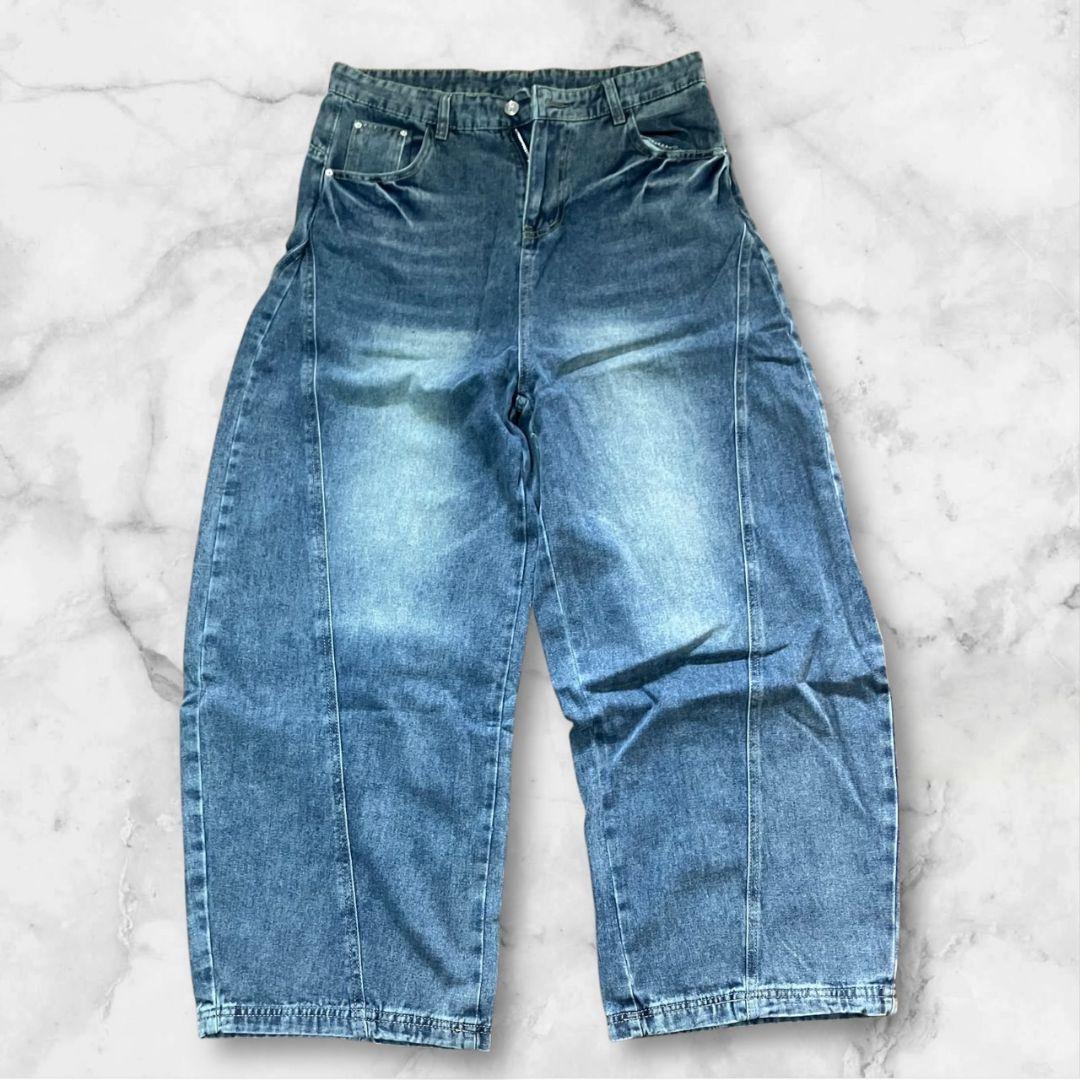 K1　2XL バギーデニム セール】Cropped wide baggy denim pants / ワイドバギー デニム