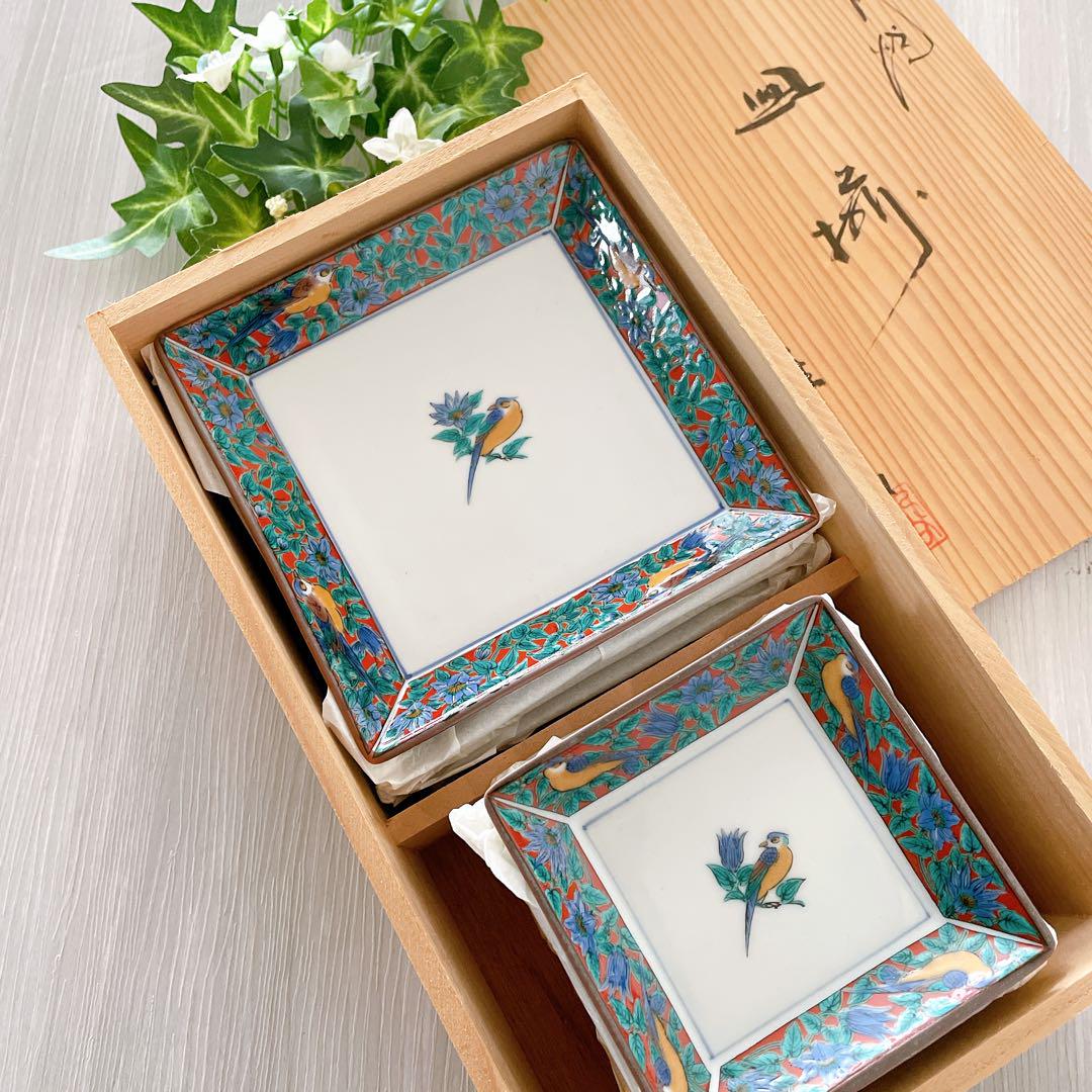 【未使用】　九谷焼　隆仙窯　隆仙　皿揃　花 鳥木米 角皿　豆皿 銘々皿　10枚