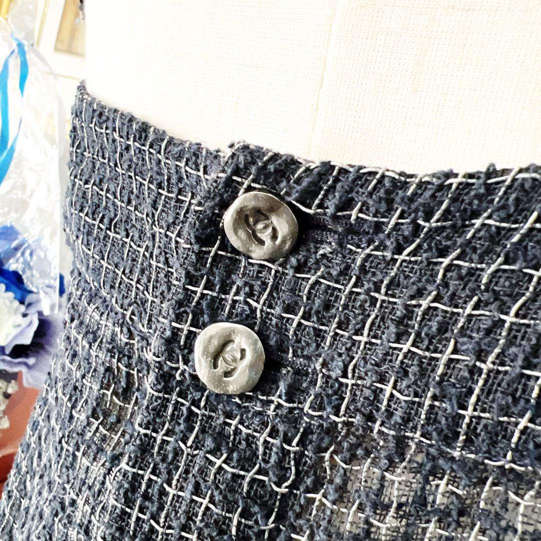 美品　CHANEL シャネル　ツイード　トップス　ネイビー　COCO ベスト