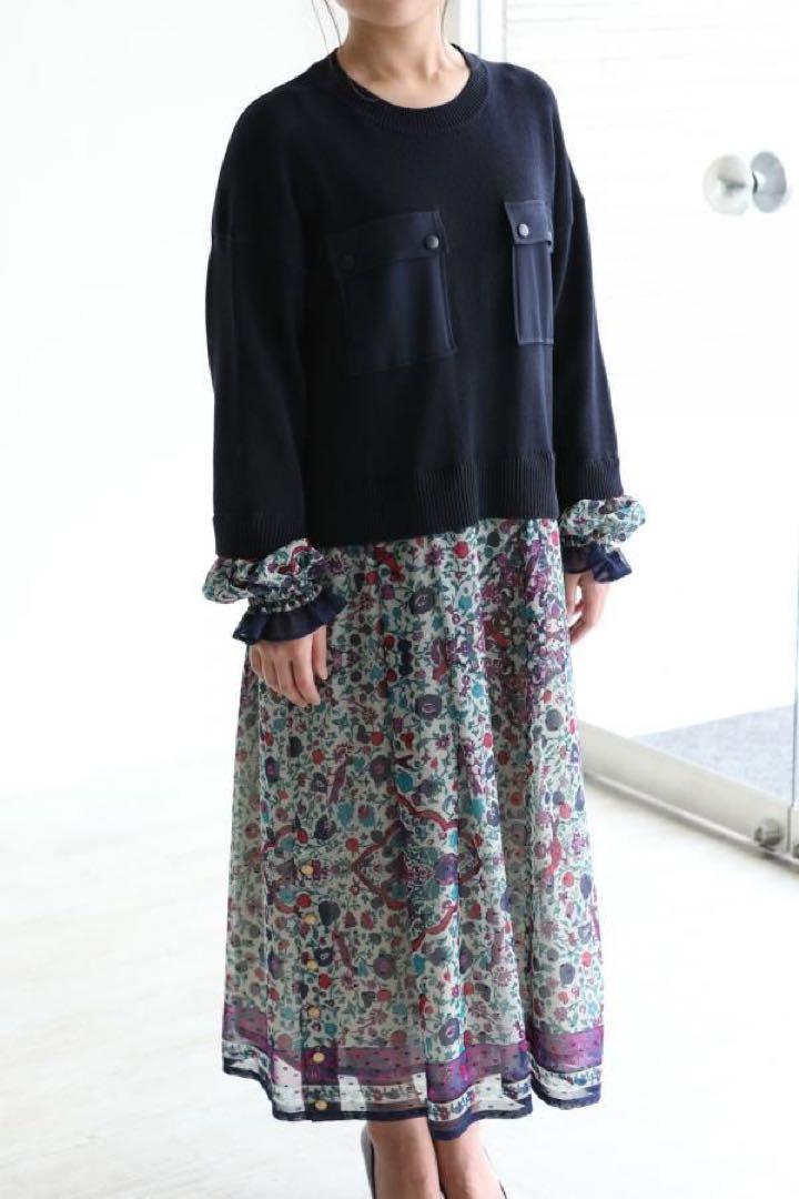 MUVEILスヌード付ペルシアンプリント ニット ワンピース 36