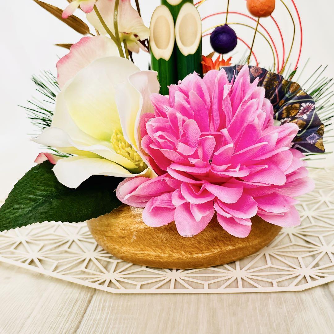 門松 お正月飾り 木製 丸皿 門松生け花 インテリア 椿、松、梅 ハンドメイド