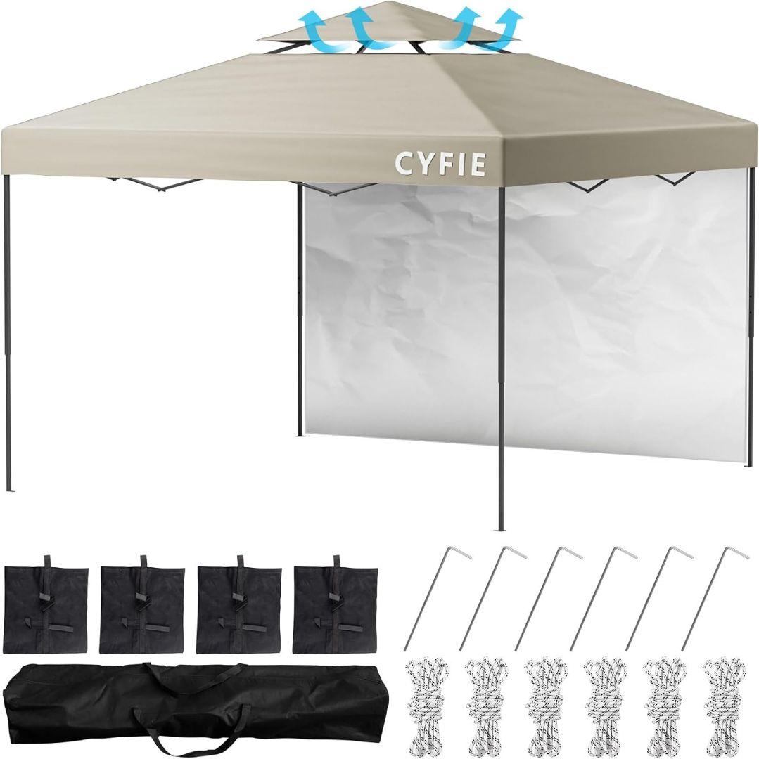 【1点限り】CYFIEタープテント3m×3m サイドシート付き(色:ベージュ)