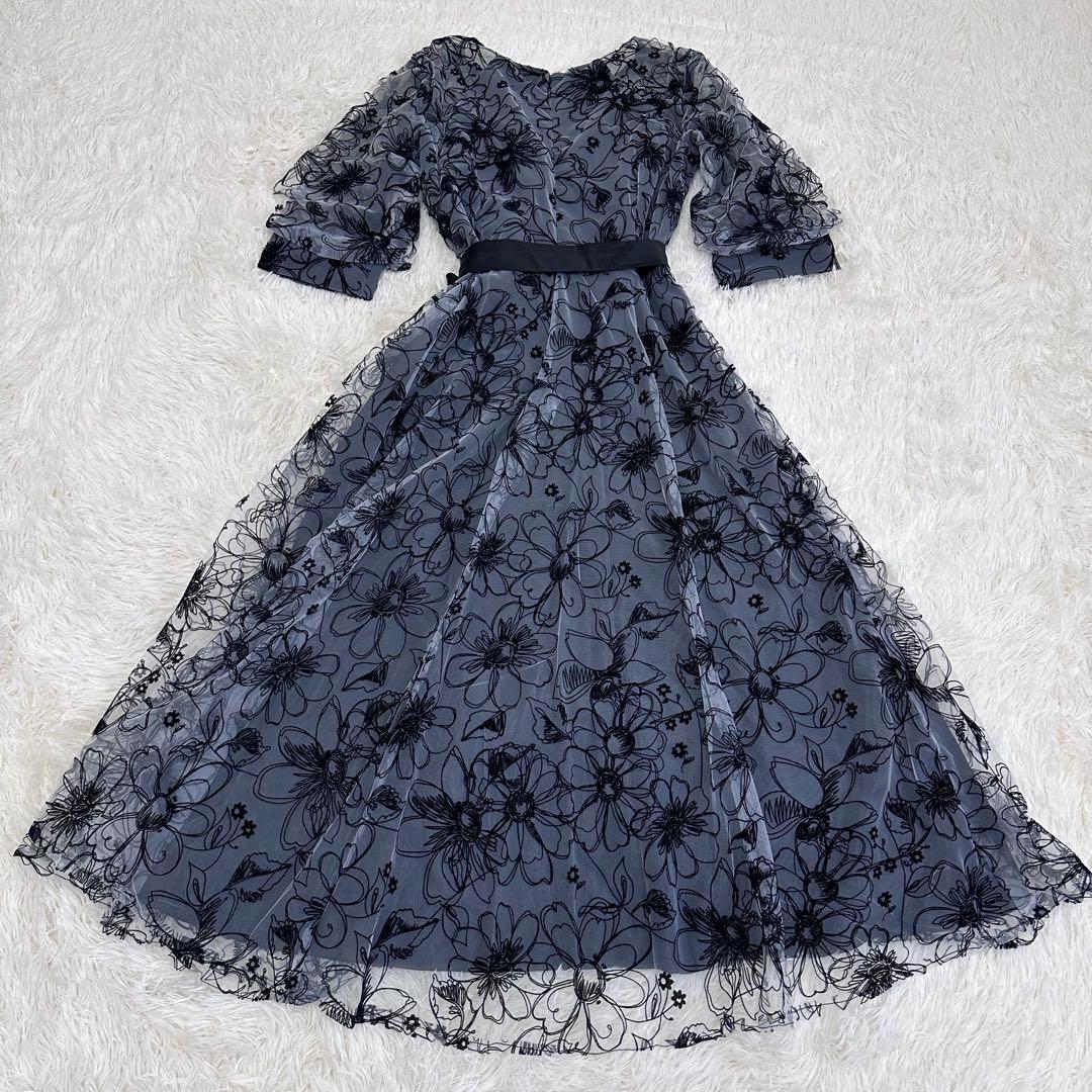 刺繍ドレス ロングワンピース レース 花柄 シフォン 黒 XXL 大きいサイズ