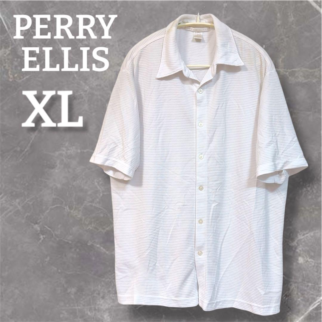 PERRY ELLIS シャツ 【XL】 ホワイト 白 ストライプ 半袖 古着