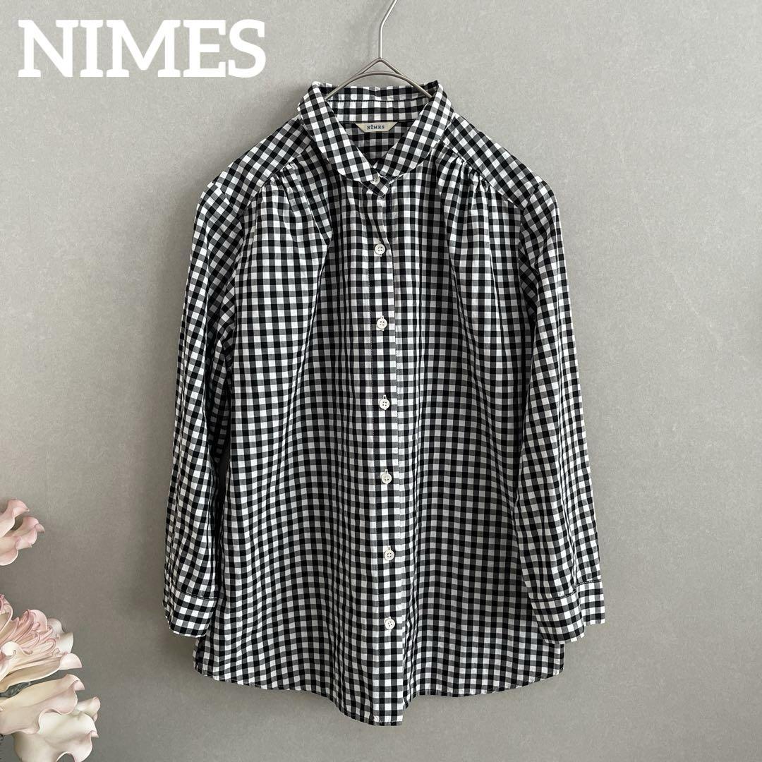 NIMES フレンチ コットン 丸襟 ブラウス トップス チェック 長袖 シャツ