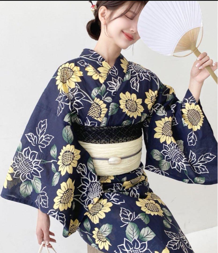 アリスとバンビ柄　浴衣　サックス×紺 二部式浴衣/牡丹と蝶(紺)＆帯セット| gekkabizin(月下美人