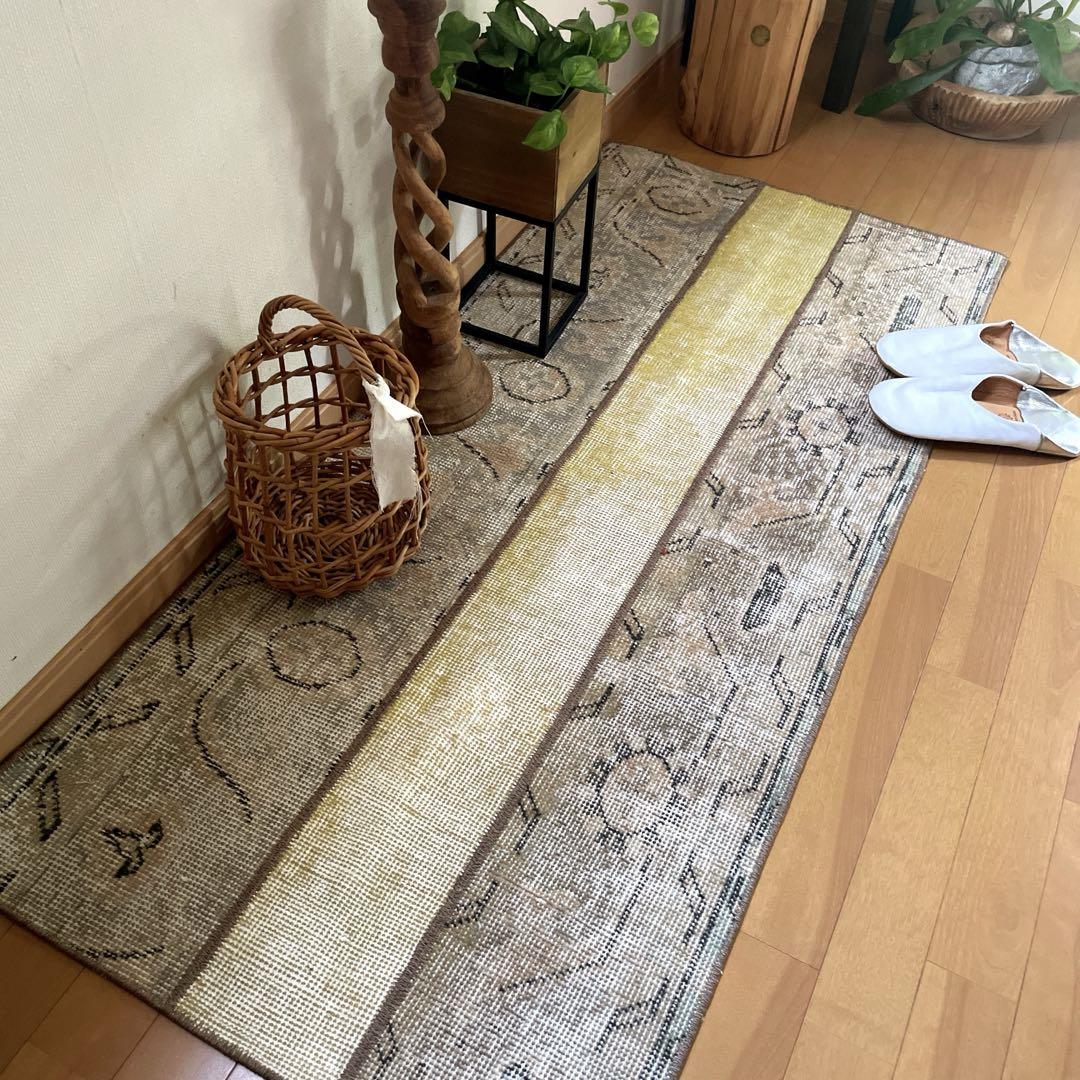 トルコ製ヴィンテージラグ920 レア ピンク ブルー オレンジ パッチワーク 57×104 パッチワークラグ ブルー ボタニカル トルコヴィンテージ