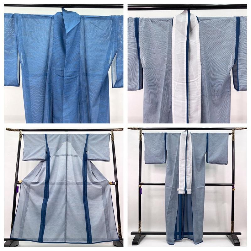 【セ】夏着物 美品 三本駒絽 小紋 洗える素材 青藍色 涼しげな葉模様 Y