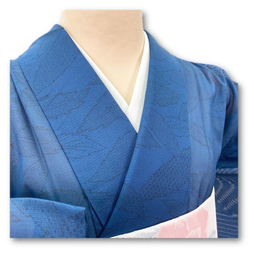 【セ】夏着物 美品 三本駒絽 小紋 洗える素材 青藍色 涼しげな葉模様 Y