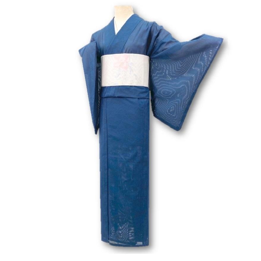 【セ】夏着物 美品 三本駒絽 小紋 洗える素材 青藍色 涼しげな葉模様 Y