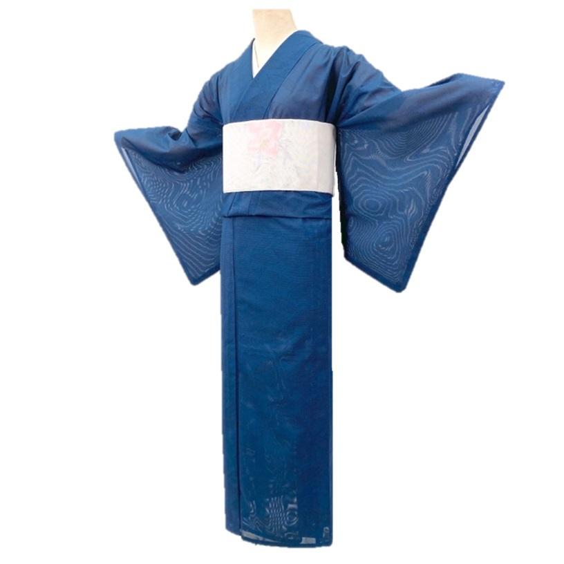 【セ】夏着物 美品 三本駒絽 小紋 洗える素材 青藍色 涼しげな葉模様 Y