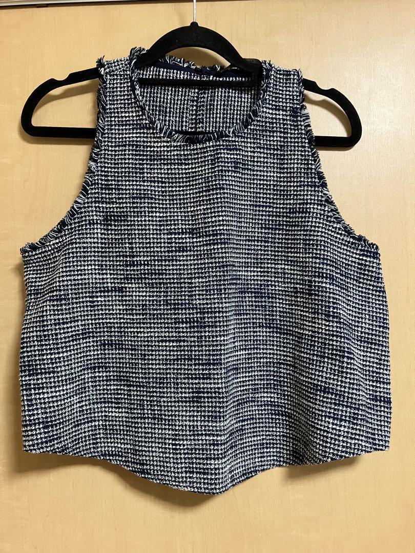 ZARA ネイビー ツイード ノースリーブベスト ZARA ツイードノースリーブベスト ポケット付き サイズL - メルカリ