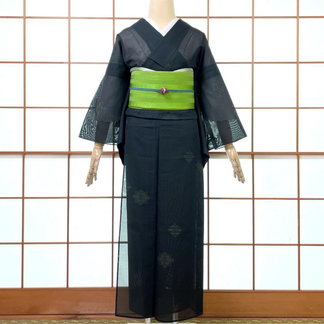 大きい割引 絽 風通織 夏着物 正絹 A-2285 ダークグリーン 菱に華紋 着物・浴衣