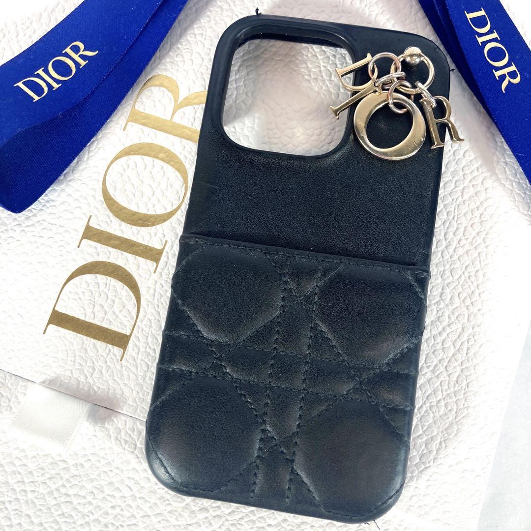 美品✨Dior LADY DIOR iPhone14proケース ラムレザー 黒 美品】Dior LADY DIOR iPhone14proケース ラムレザー
