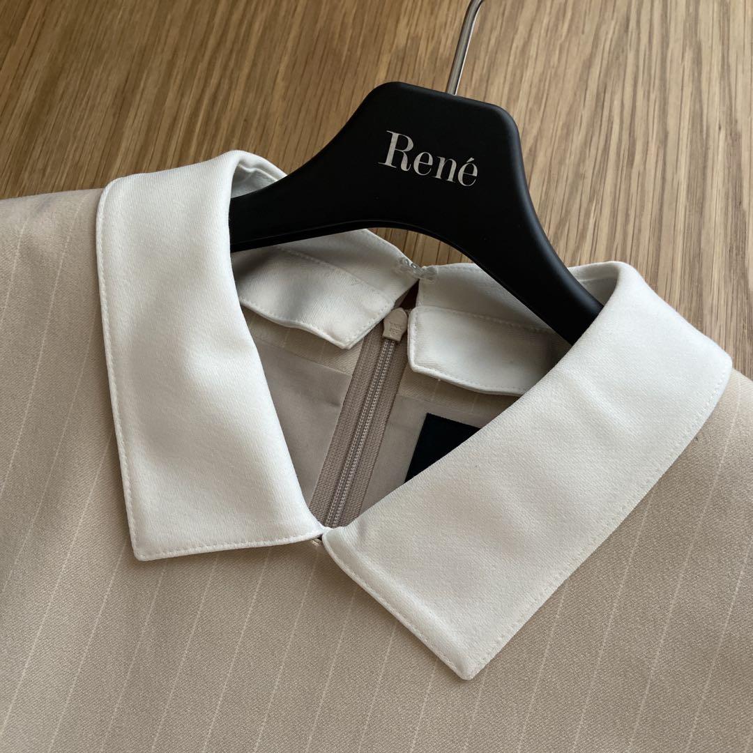 ♡極美品♡ Rene 白衿 ストライプ ワンピース ベージュ 36 裾フリル