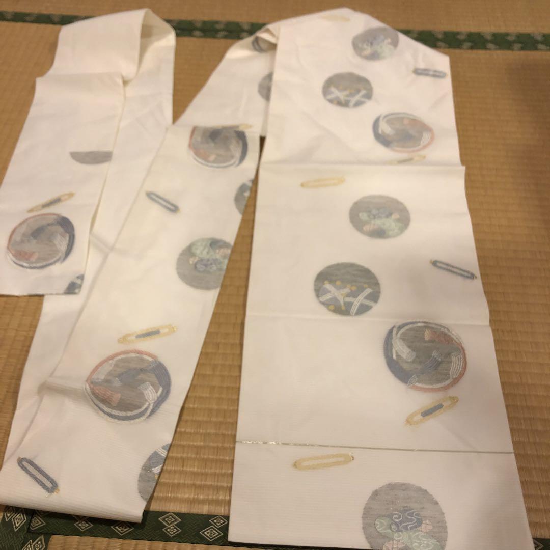 白地刺繍夏帯 3回使用 おまけひとえスモーキーピンク塩沢紬