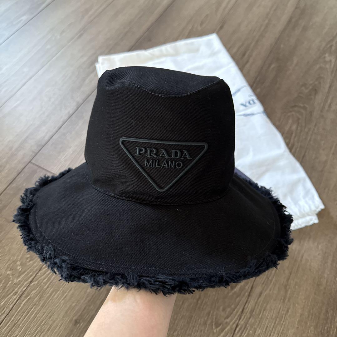 PRADA トライアングルロゴ ドリルハット S 帽子 バケットハット フリンジ