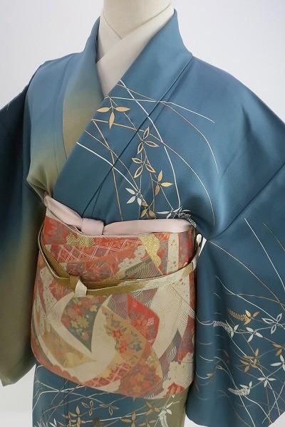 かがでしょ⊸ 豪華4点セット 帯締め 未使用 京友禅 青 正絹 r9vO1-m23994892354 美品 訪問着 袋帯 帯揚 らずに
