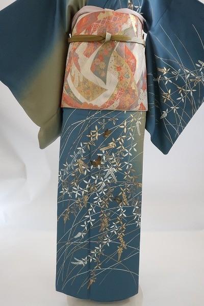 かがでしょ⊸ 豪華4点セット 帯締め 未使用 京友禅 青 正絹 r9vO1-m23994892354 美品 訪問着 袋帯 帯揚 らずに