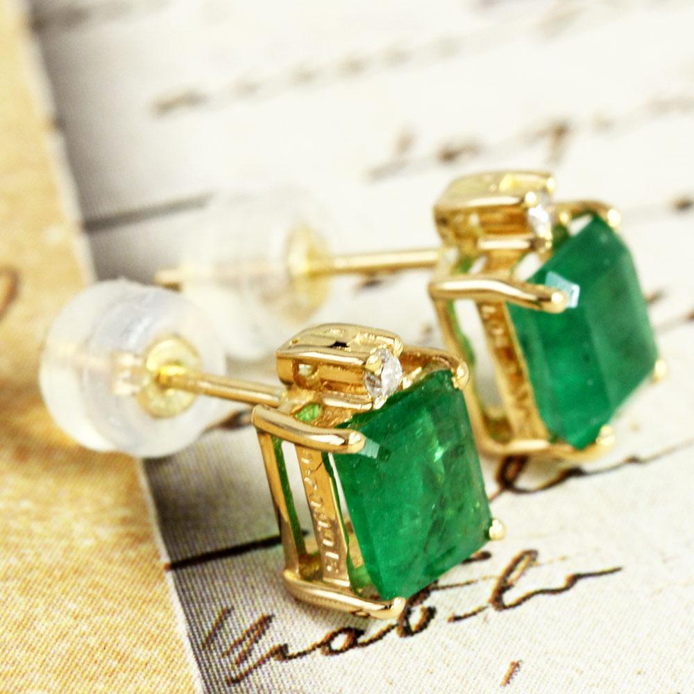 激安高品質！計1.75ct エメラルド ダイヤモンド K18 YG ピアス 鑑別