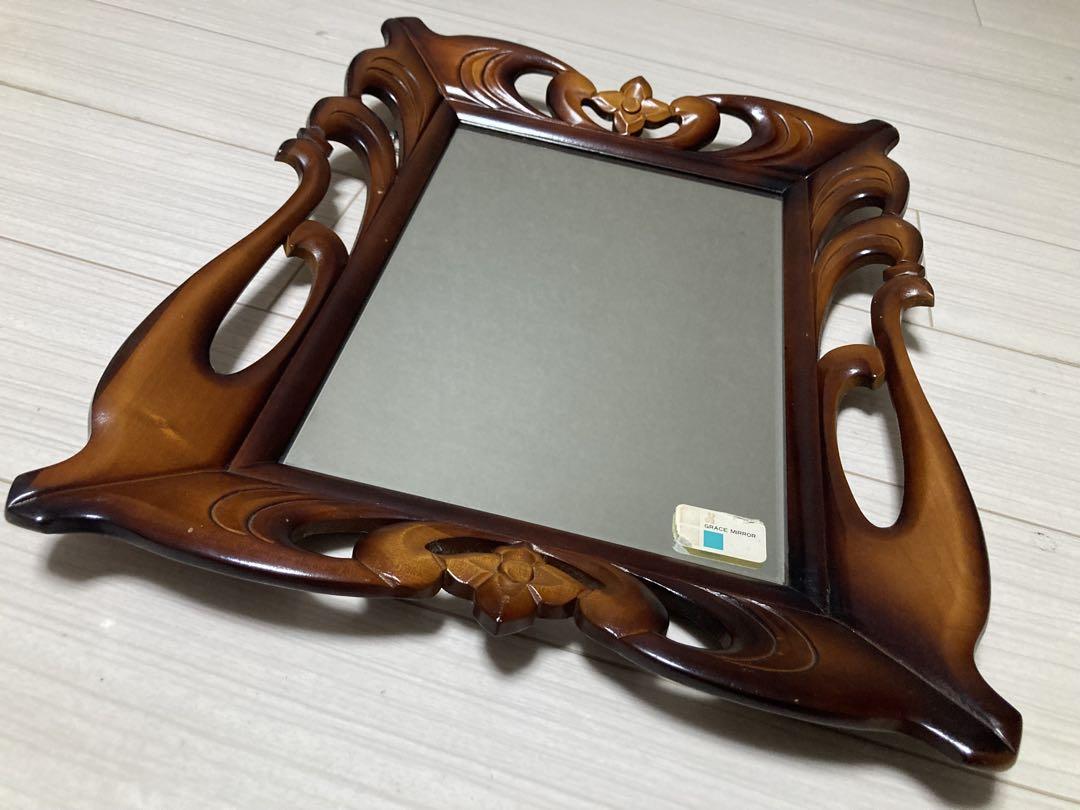 アンティーク　アイヌ彫刻　木製　壁掛け鏡　ウォールミラー　昭和レトロ