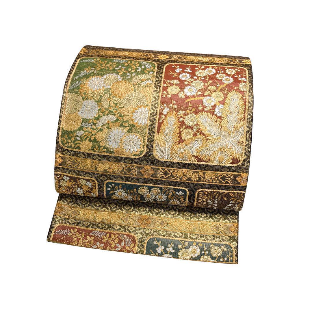 袋帯 蒔絵瑞祥文 豊雅錦 花柄 菊 梅 藤 松 金糸 金色 O-1356 袋帯 蒔絵瑞祥文 豊雅錦 花柄 菊 梅 藤 松 金糸 金色 O-1356