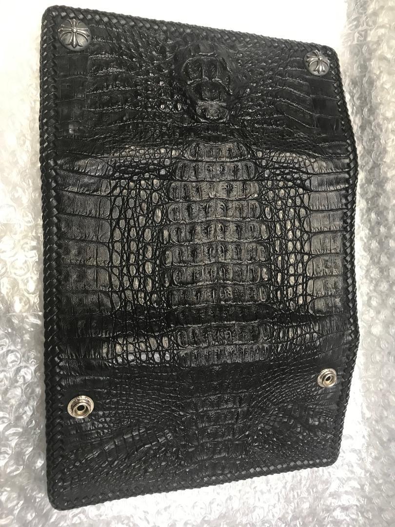 クロコダイルレザー 三つ折り財布 黒 シルバーコンチョ gbl013e-m 新品