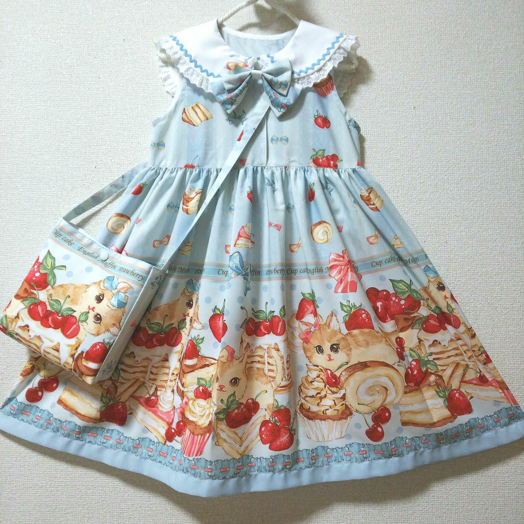 ハンドメイド【size120 ねこ耳付セーラーカラーワンピース】