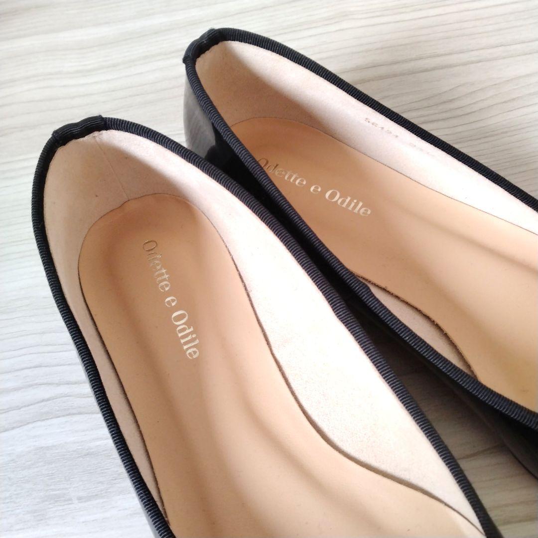 【極美品】オデットエオディール エナメル パンプス フラットシューズ リボン 黒 極美品】オデットエオディール エナメル パンプス フラット