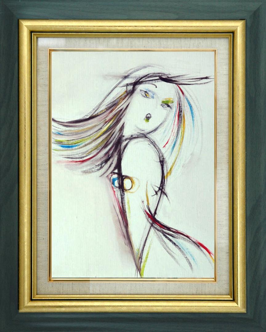 絵画　額付 (黒) 油絵　F4-080214　 人物　私の愛しい女たち