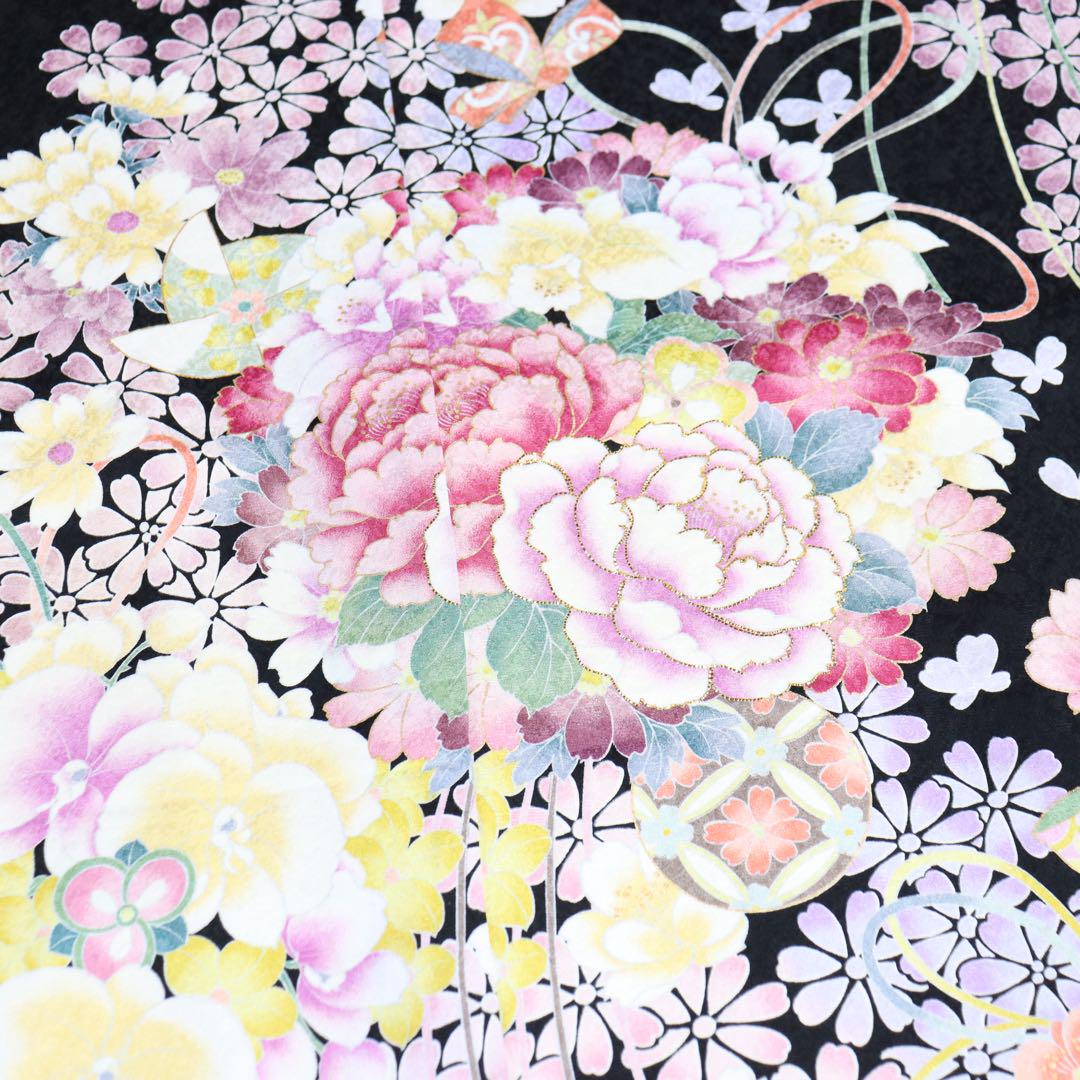E257☆送料込み❣️仮絵羽 未仕立て 振袖 花丸模様 刺繍 八掛付き❣️