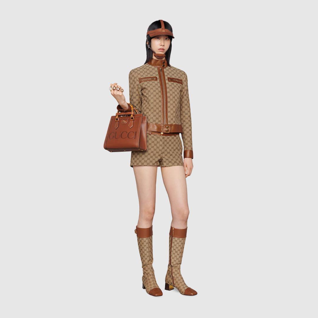 売切必至★Gucci レザー トリム付き GGキャンバス ジャケット GG canvas jacket with leather trim in beige and ebony