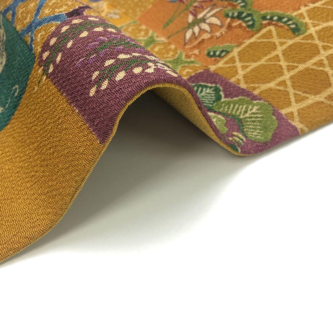 名古屋帯 格子柄 花草模様 縮緬 狐色 O-4863 名古屋帯 格子柄 花草模様 縮緬 狐色 O-4863