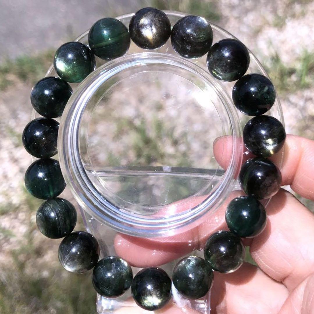 アクセサリー天然石希少グリーンマイカ 濃緑）ブレスパワーストーン11mm17cm