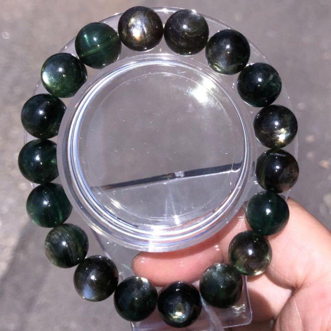 アクセサリー天然石希少グリーンマイカ 濃緑）ブレスパワーストーン11mm17cm