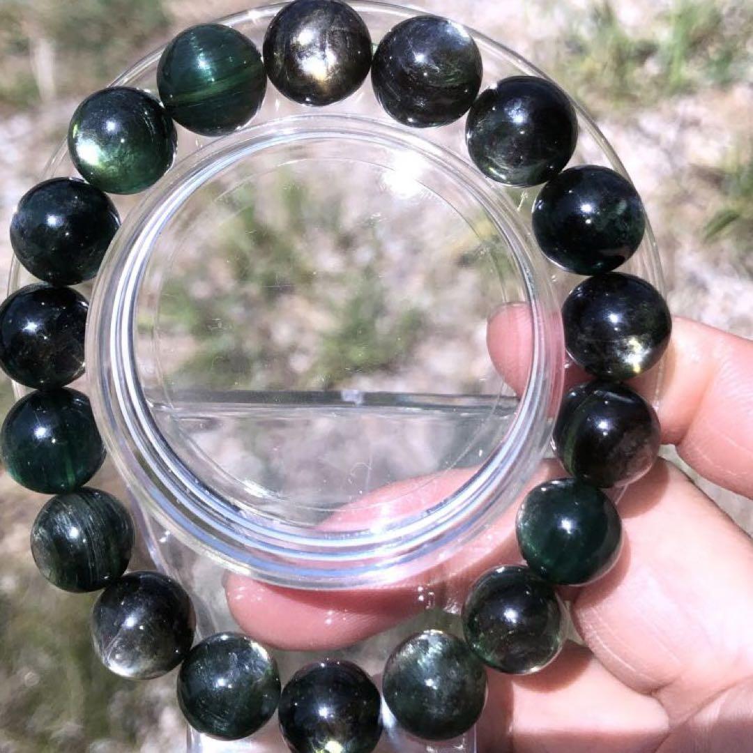 アクセサリー天然石希少グリーンマイカ 濃緑）ブレスパワーストーン11mm17cm