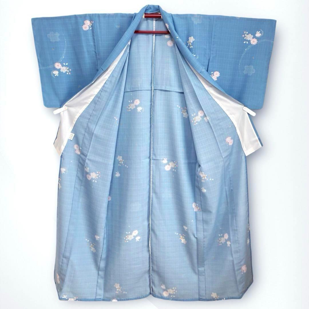 【良品✨】洗える着物　夏物　小紋　落ち着いた水色　桜にうさぎ　トールサイズ　J3