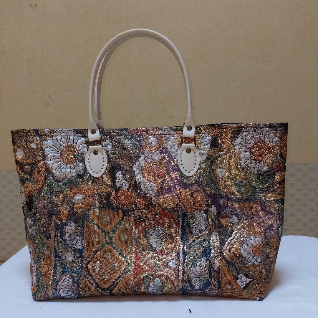 帯リメイク　花の柄がたくさんの手提げバック
